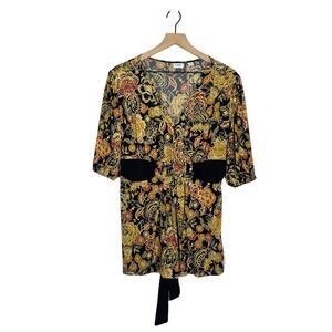 Cato Tie Waist Top Plus Size 14/16W Yellow Floral Print VNeck Half Sleeve Casual